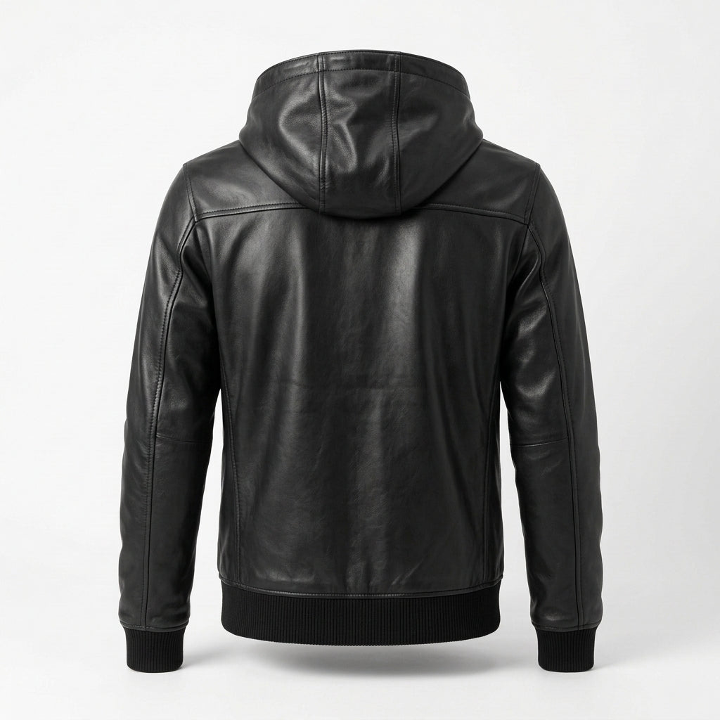Men's Black Leather Zip Hoodie Jacket