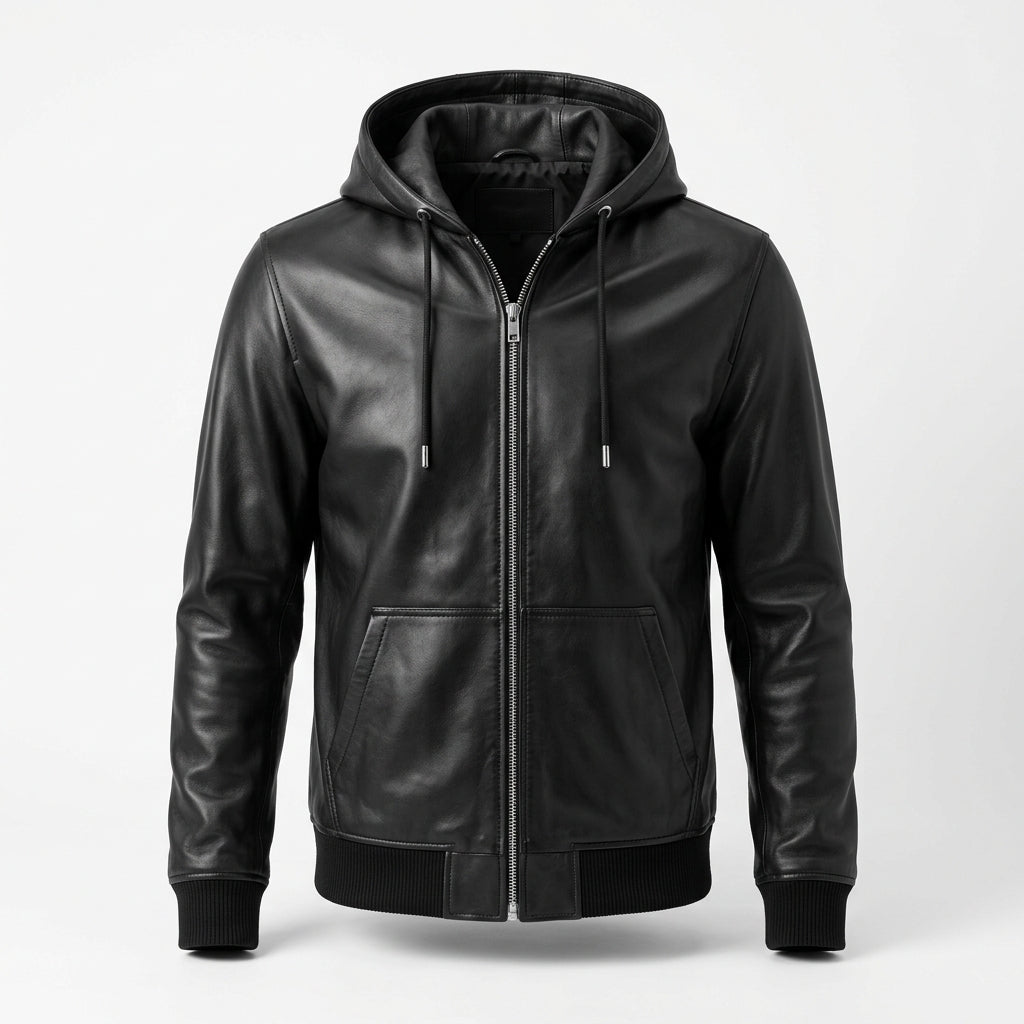 Men's Black Leather Zip Hoodie Jacket