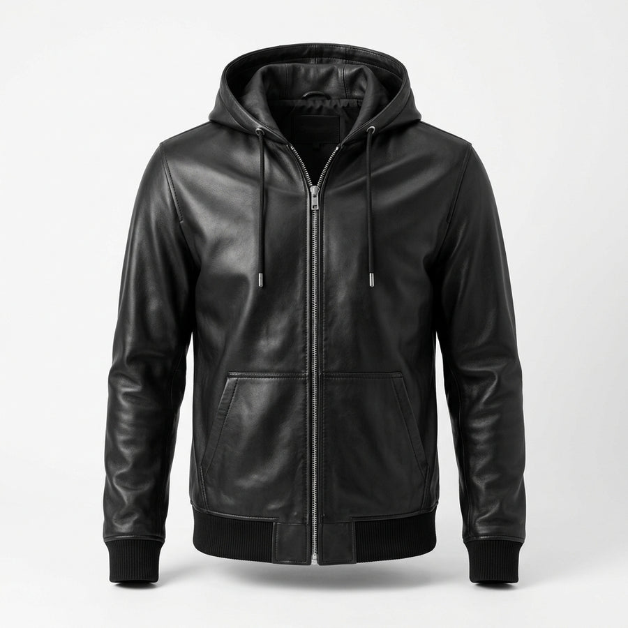 Men's Black Leather Zip Hoodie Jacket