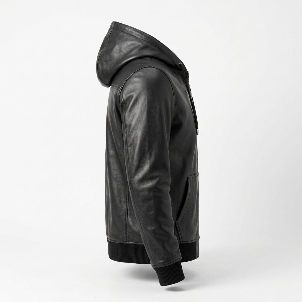 Men's Black Leather Zip Hoodie Jacket