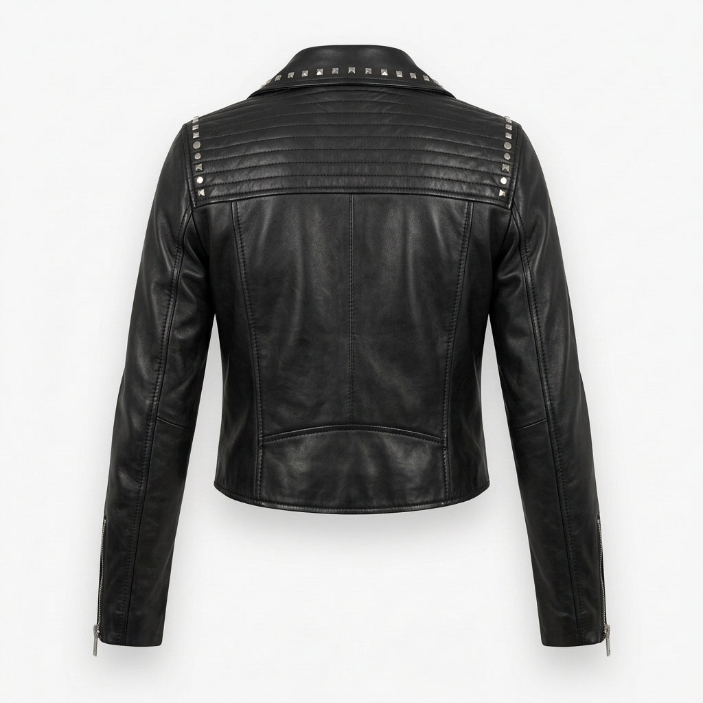 Women's Black Studded Cropped Leather Biker Jacket