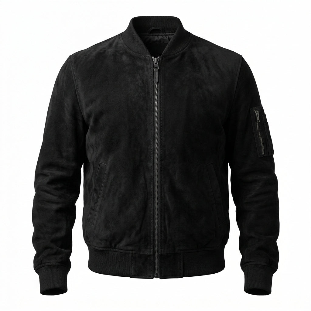 Men's Black Suede Leather Bomber Jacket