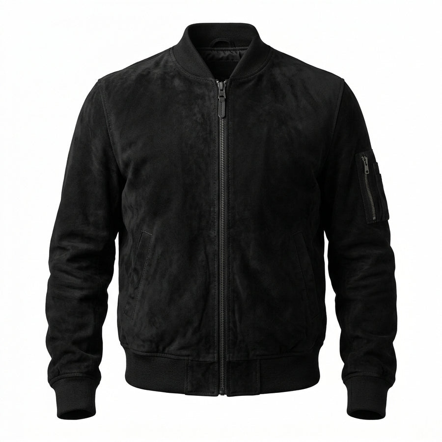 Men's Black Suede Leather Bomber Jacket