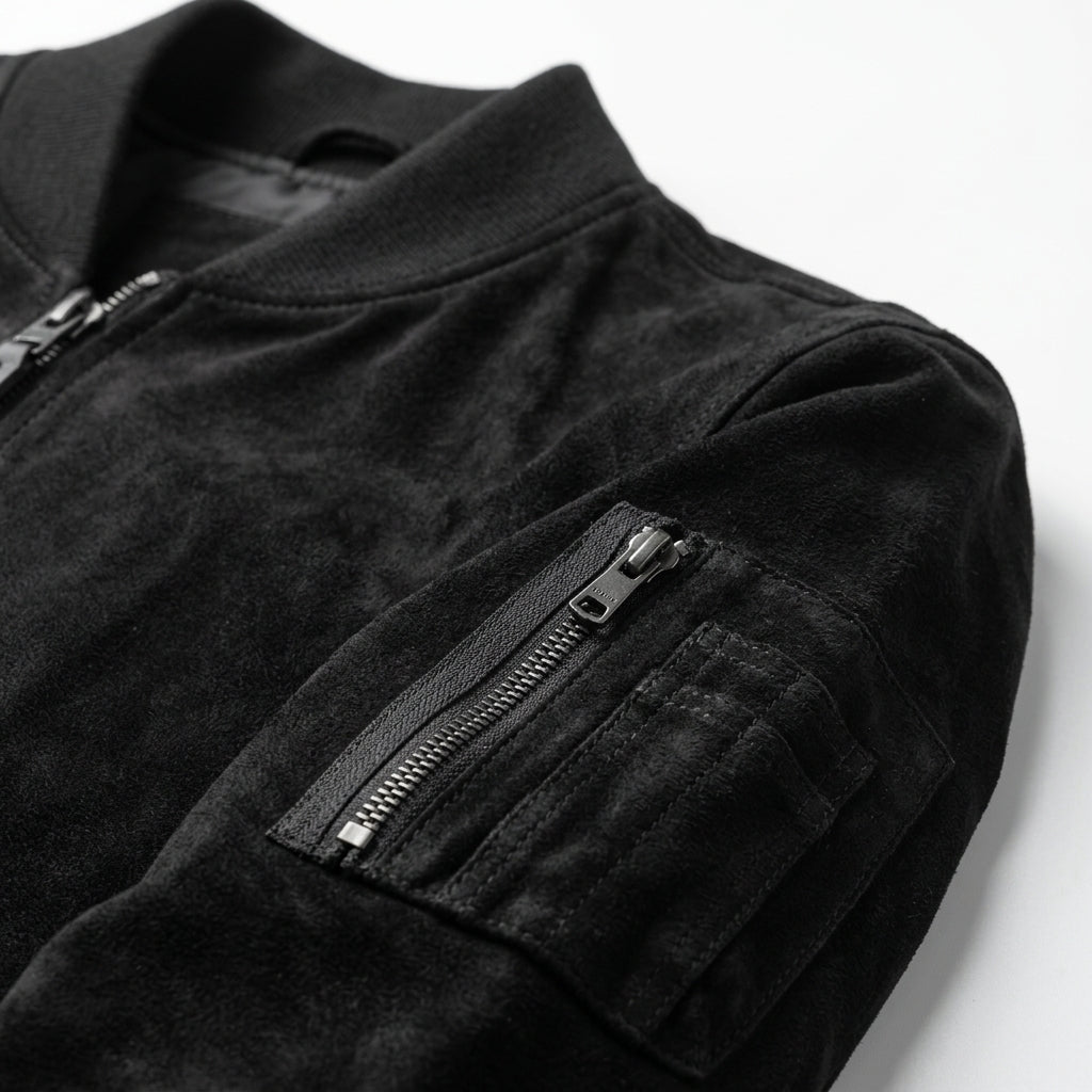 Men's Black Suede Leather Bomber Jacket