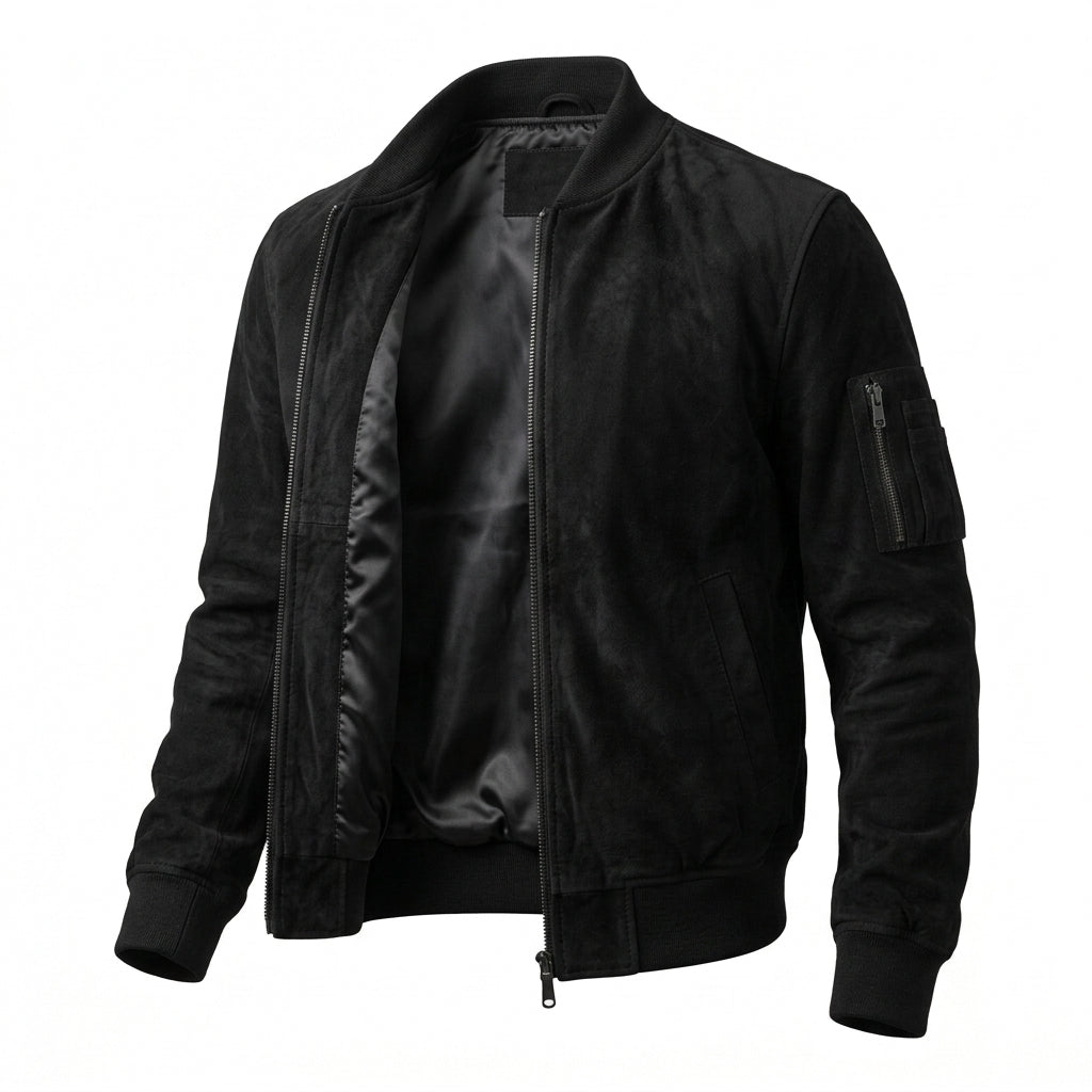 Men's Black Suede Leather Bomber Jacket