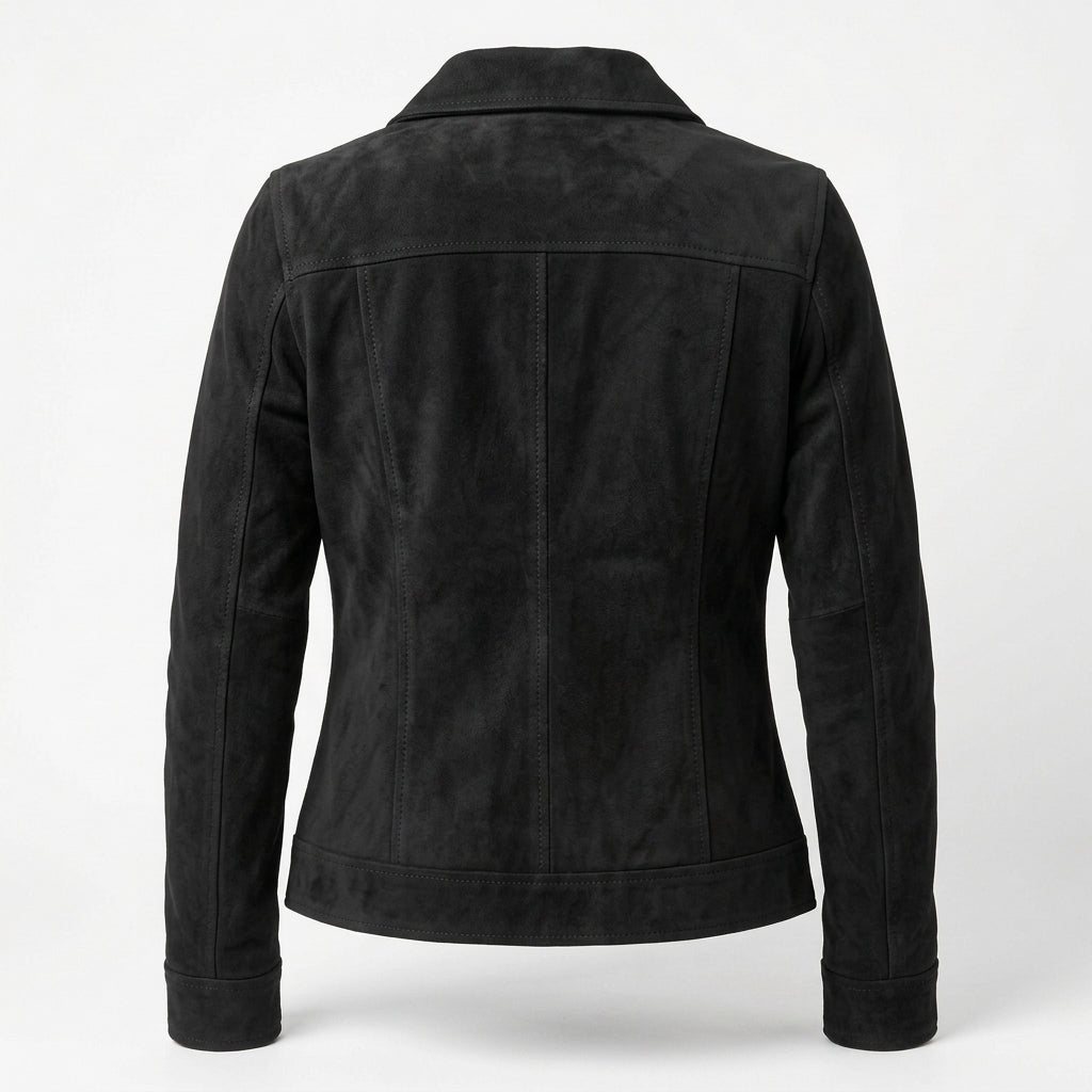 Women's Black Suede Sheepskin Jacket – Zip-Up Coat with Classic Shirt Collar