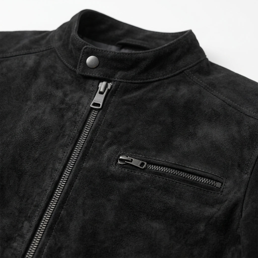 Men's Black Suede Leather Cafe Racer Jacket
