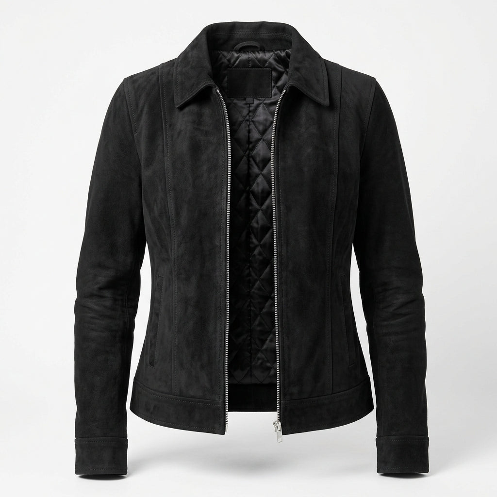 Women's Black Suede Sheepskin Jacket – Zip-Up Coat with Classic Shirt Collar