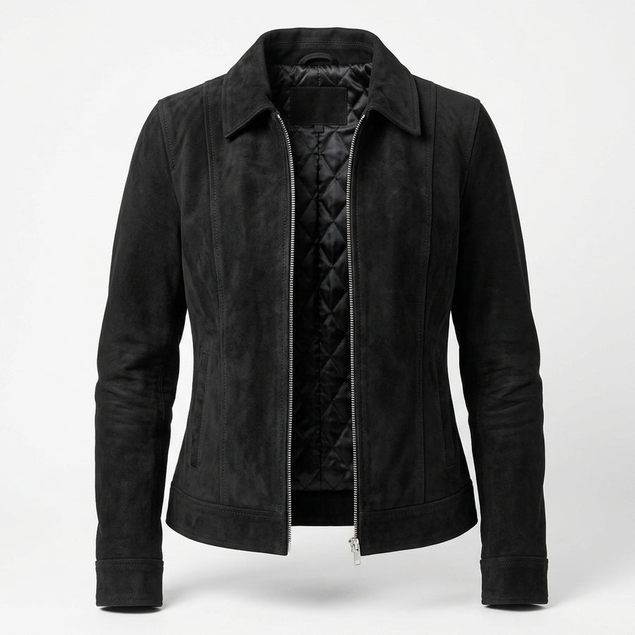Women's Black Suede Sheepskin Jacket – Zip-Up Coat with Classic Shirt Collar