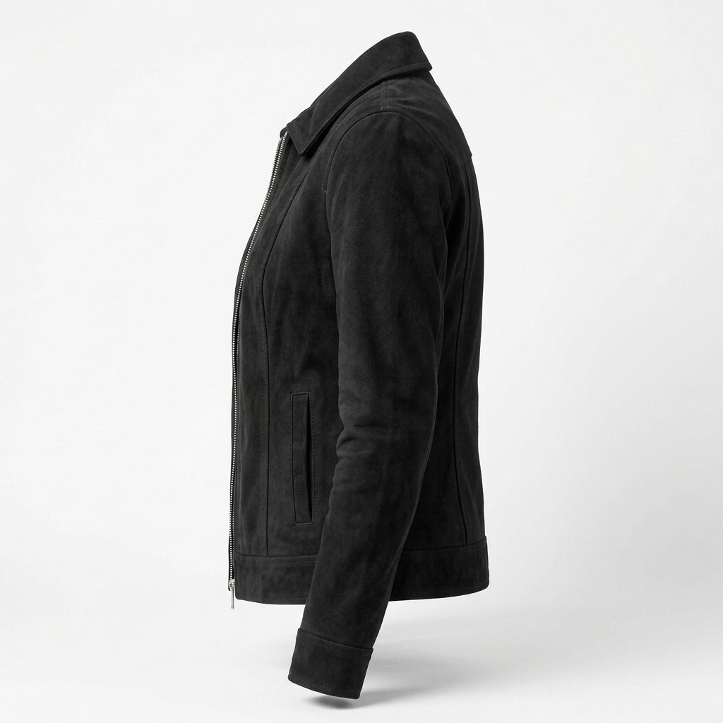 Women's Black Suede Sheepskin Jacket – Zip-Up Coat with Classic Shirt Collar
