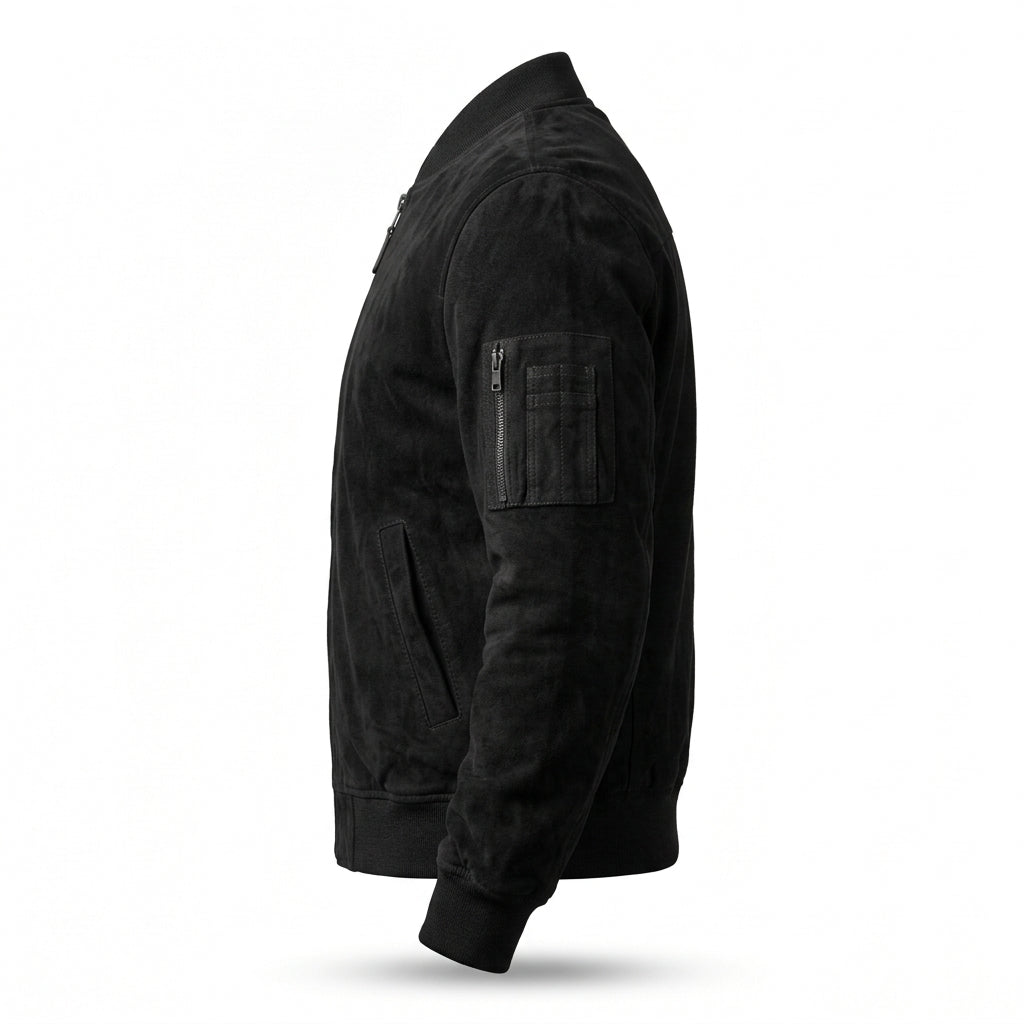 Men's Black Suede Leather Bomber Jacket
