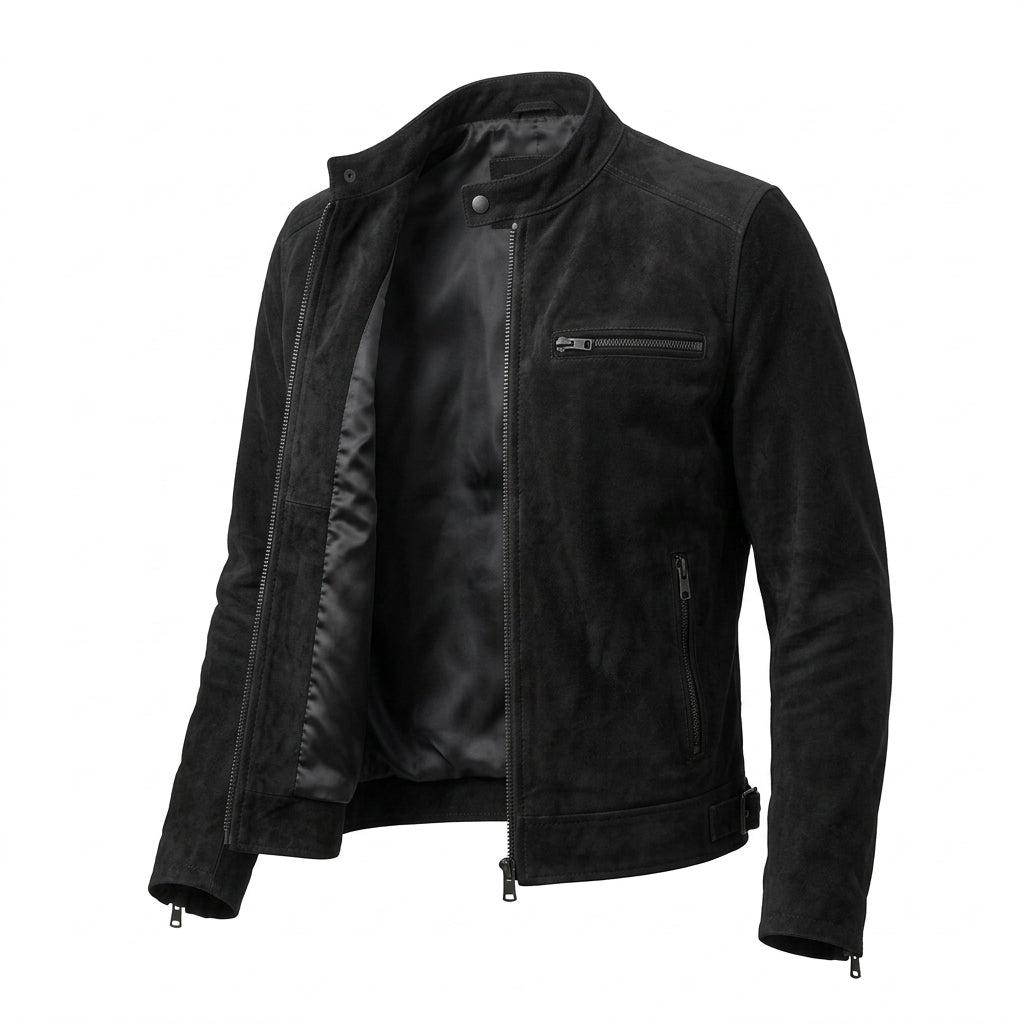 Men's Black Suede Leather Cafe Racer Jacket