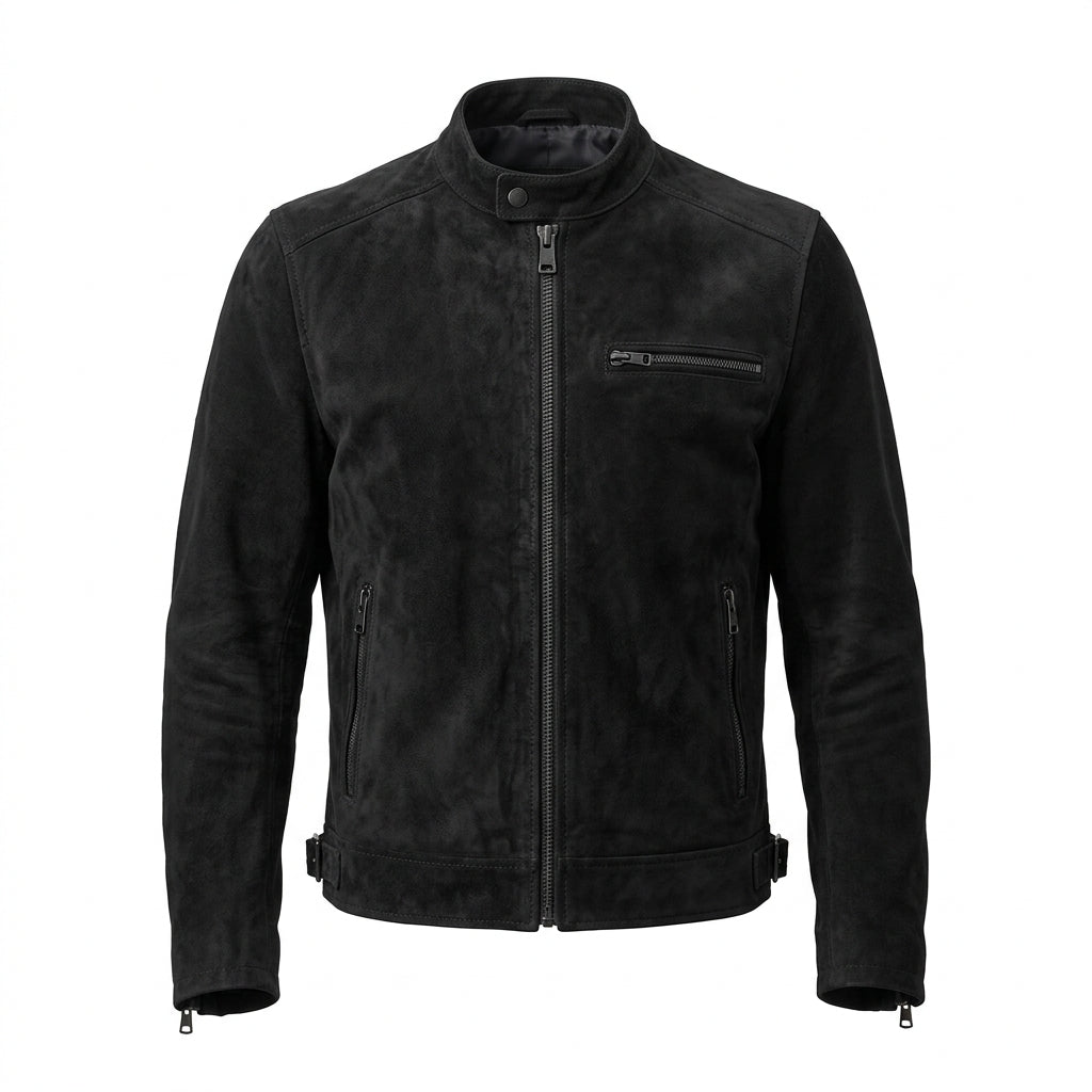 Men's Black Suede Leather Cafe Racer Jacket