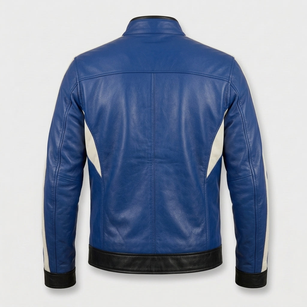 Men's Blue and White Color Block Leather Jacket