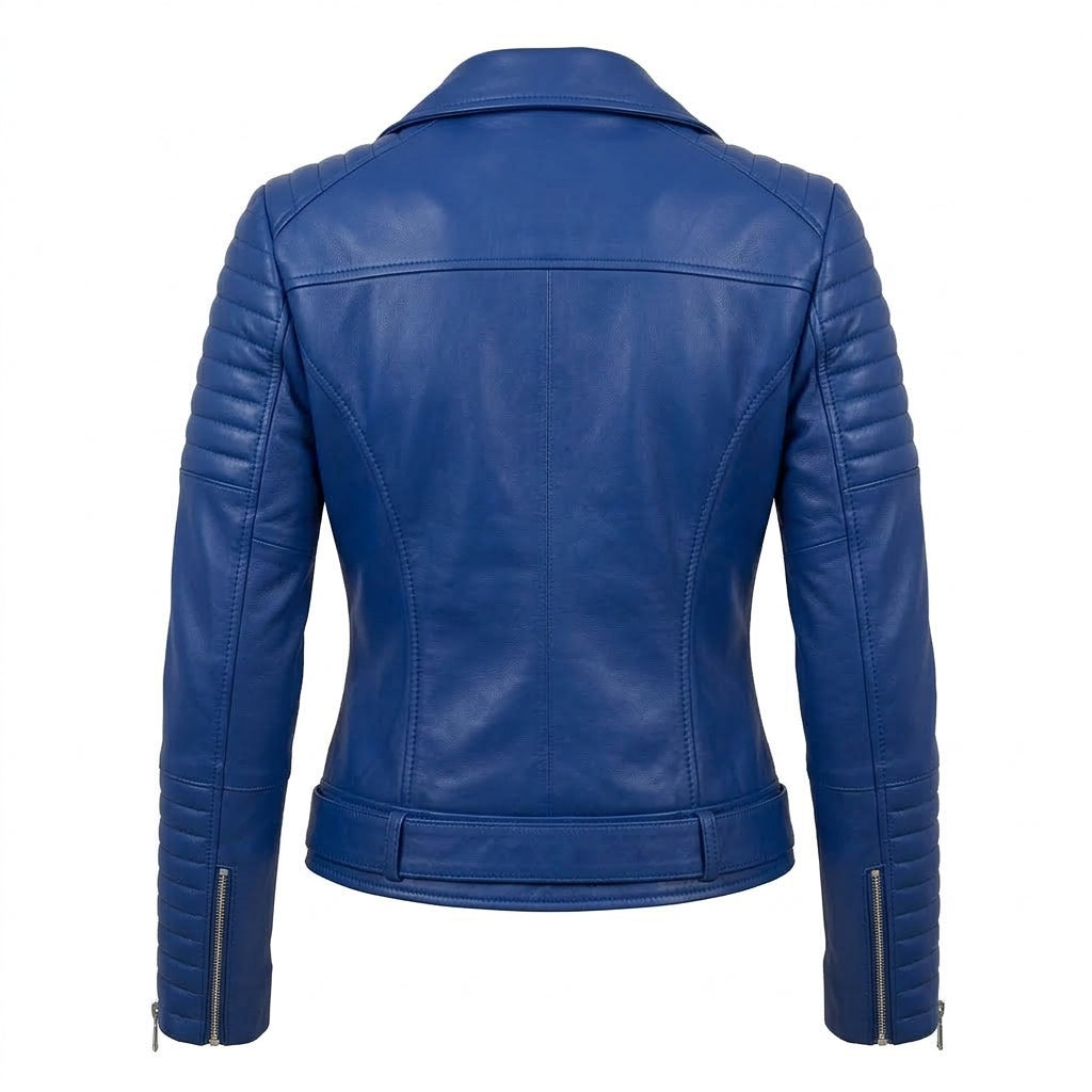 Women's Royal Blue Sheepskin Leather Biker Jacket – Quilted Shoulder Asymmetric Moto Jacket