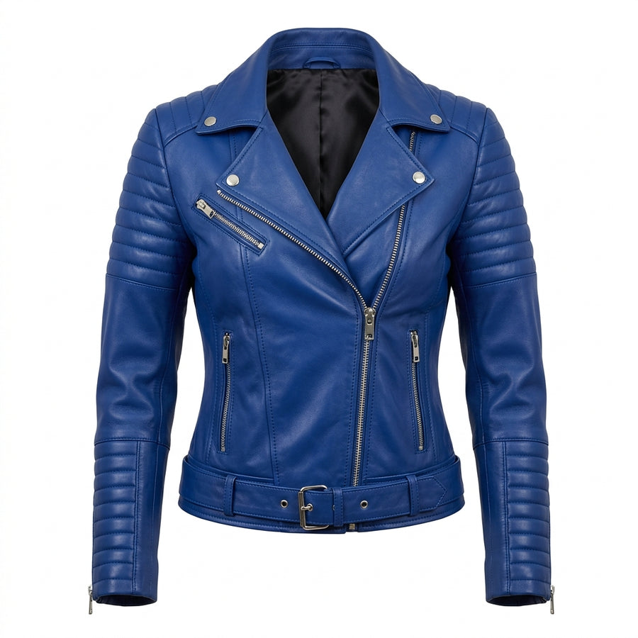 Women's Royal Blue Sheepskin Leather Biker Jacket – Quilted Shoulder Asymmetric Moto Jacket