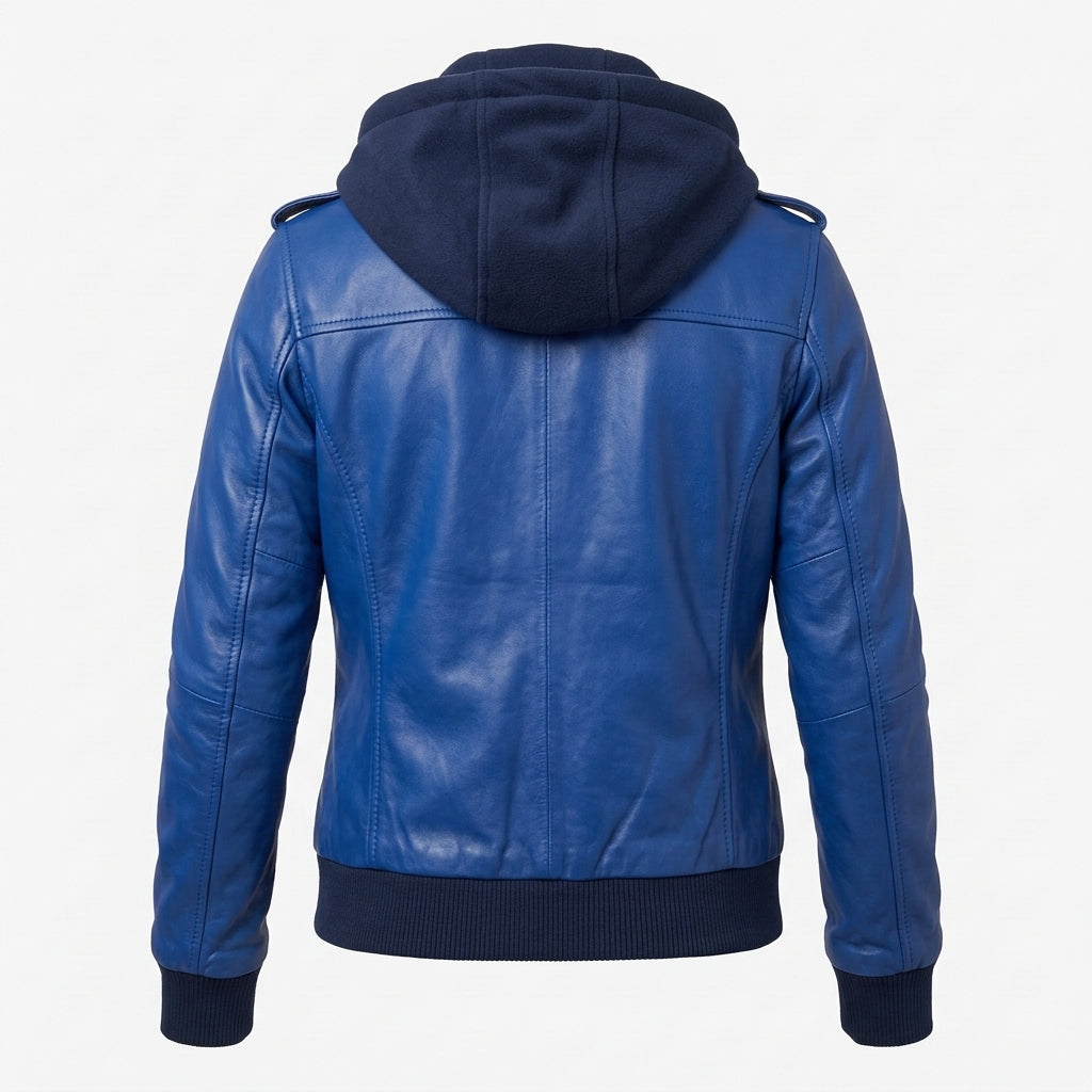 Women's Royal Blue Sheepskin Leather Bomber Jacket – Hooded Winter Coat with Removable Hood