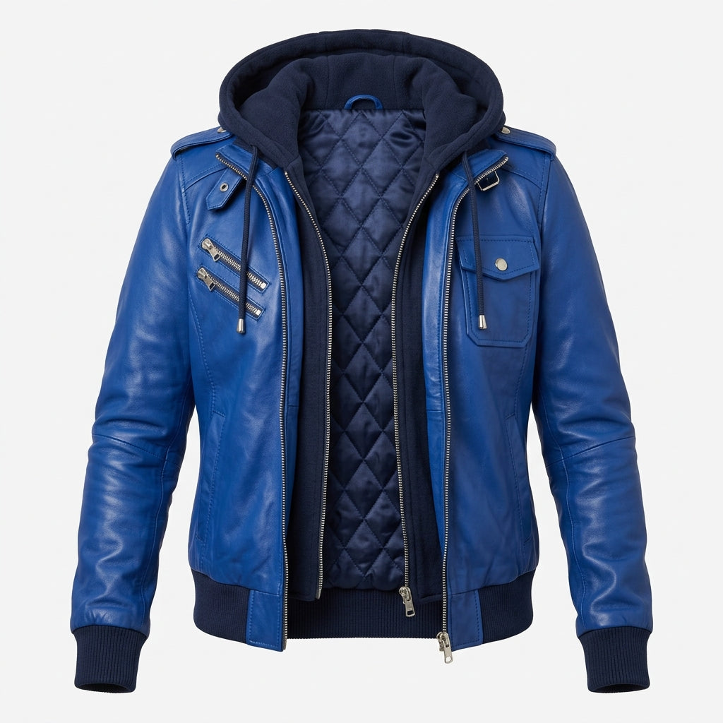 Women's Royal Blue Sheepskin Leather Bomber Jacket – Hooded Winter Coat with Removable Hood