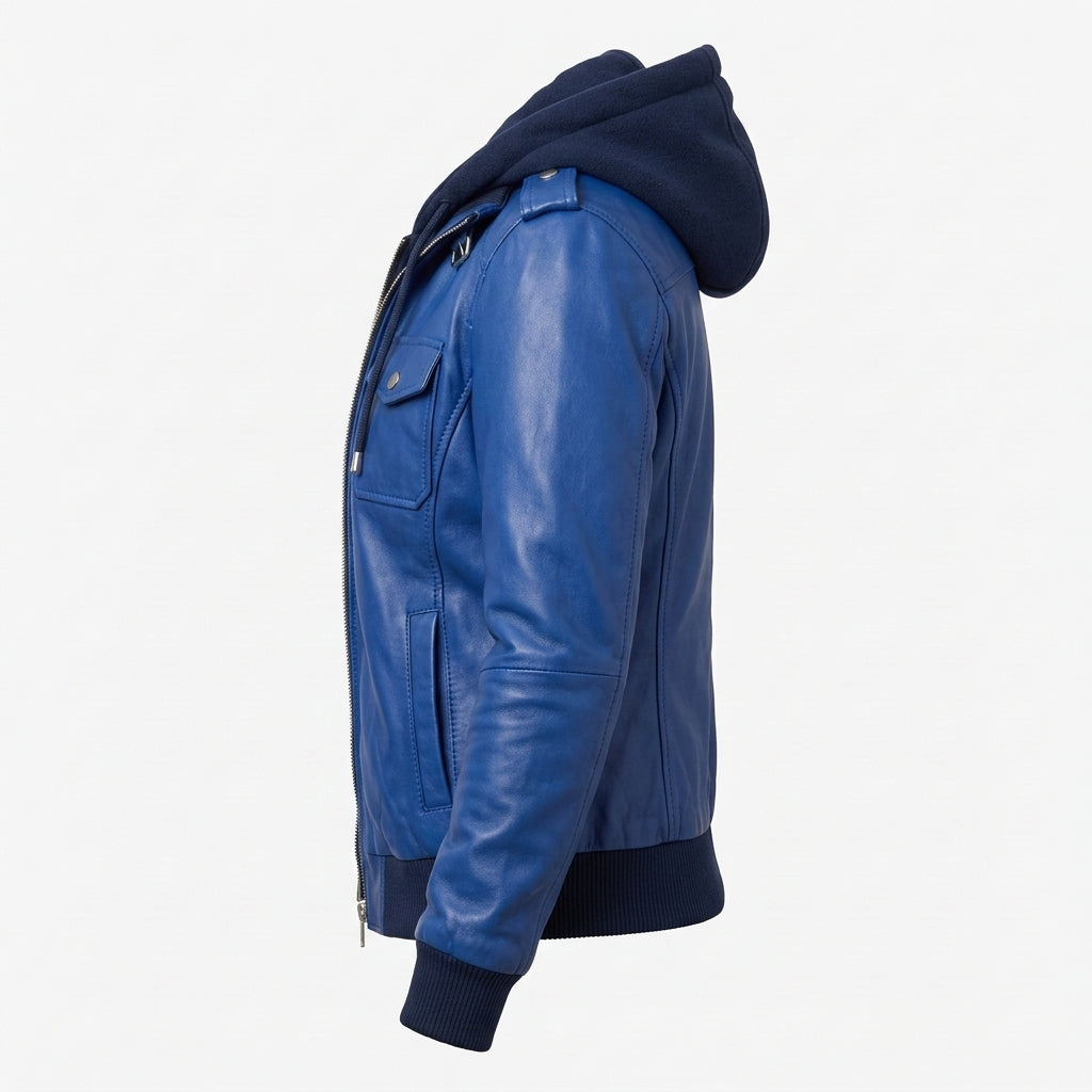 Women's Royal Blue Sheepskin Leather Bomber Jacket – Hooded Winter Coat with Removable Hood