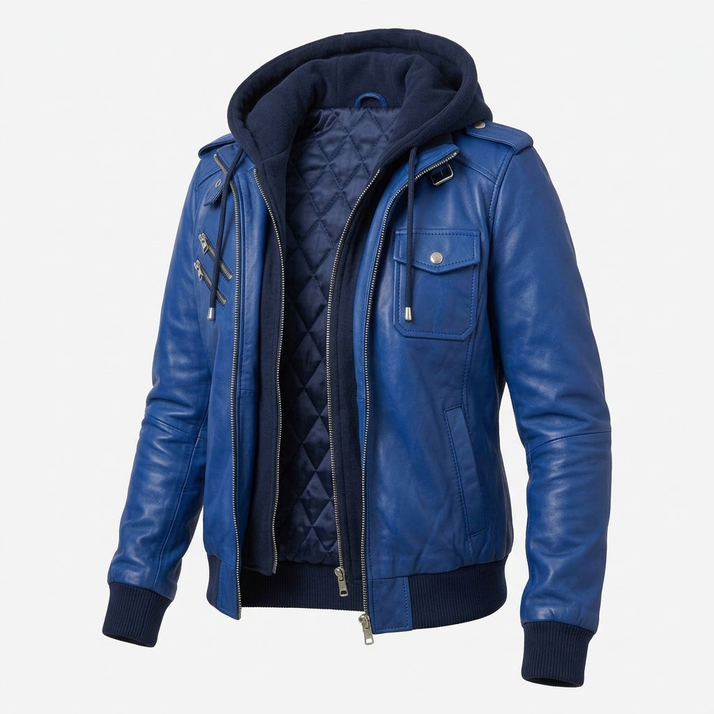 Women's Royal Blue Sheepskin Leather Bomber Jacket – Hooded Winter Coat with Removable Hood