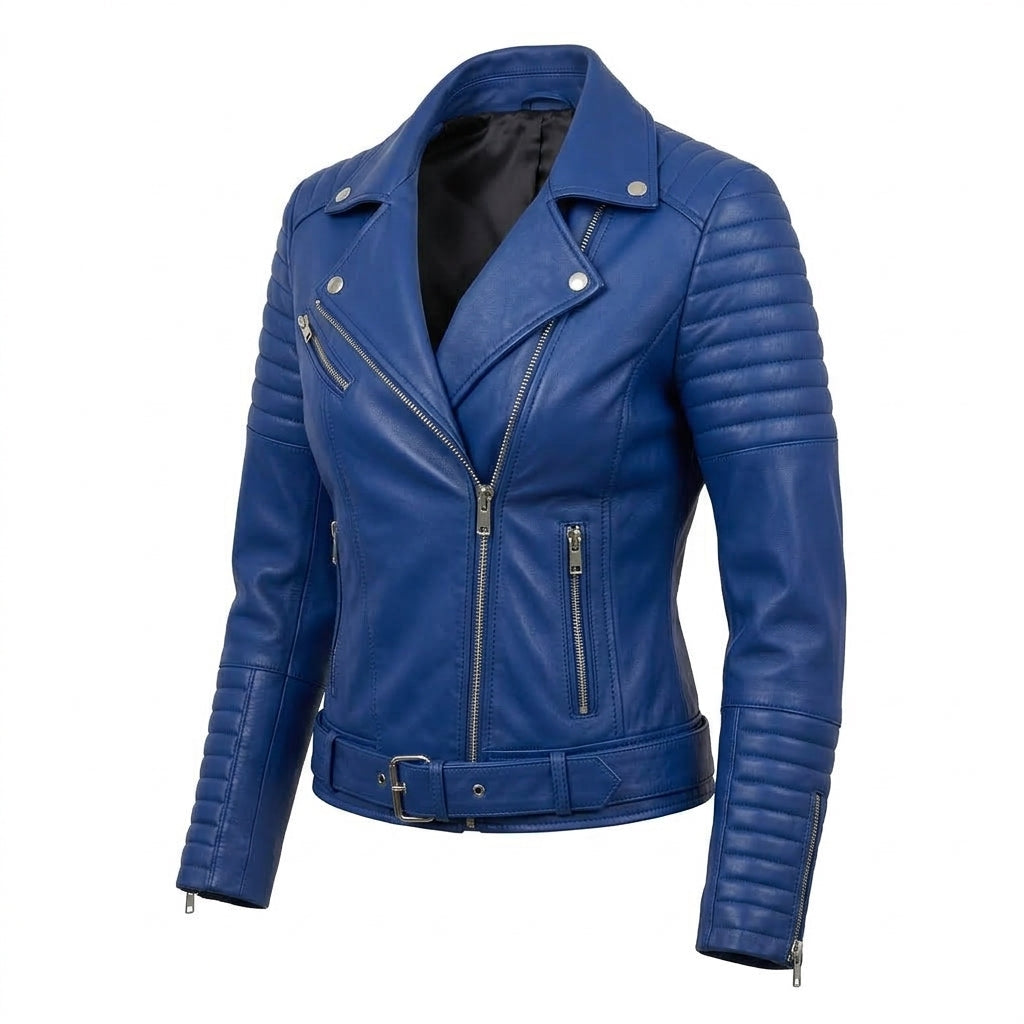 Women's Royal Blue Sheepskin Leather Biker Jacket – Quilted Shoulder Asymmetric Moto Jacket