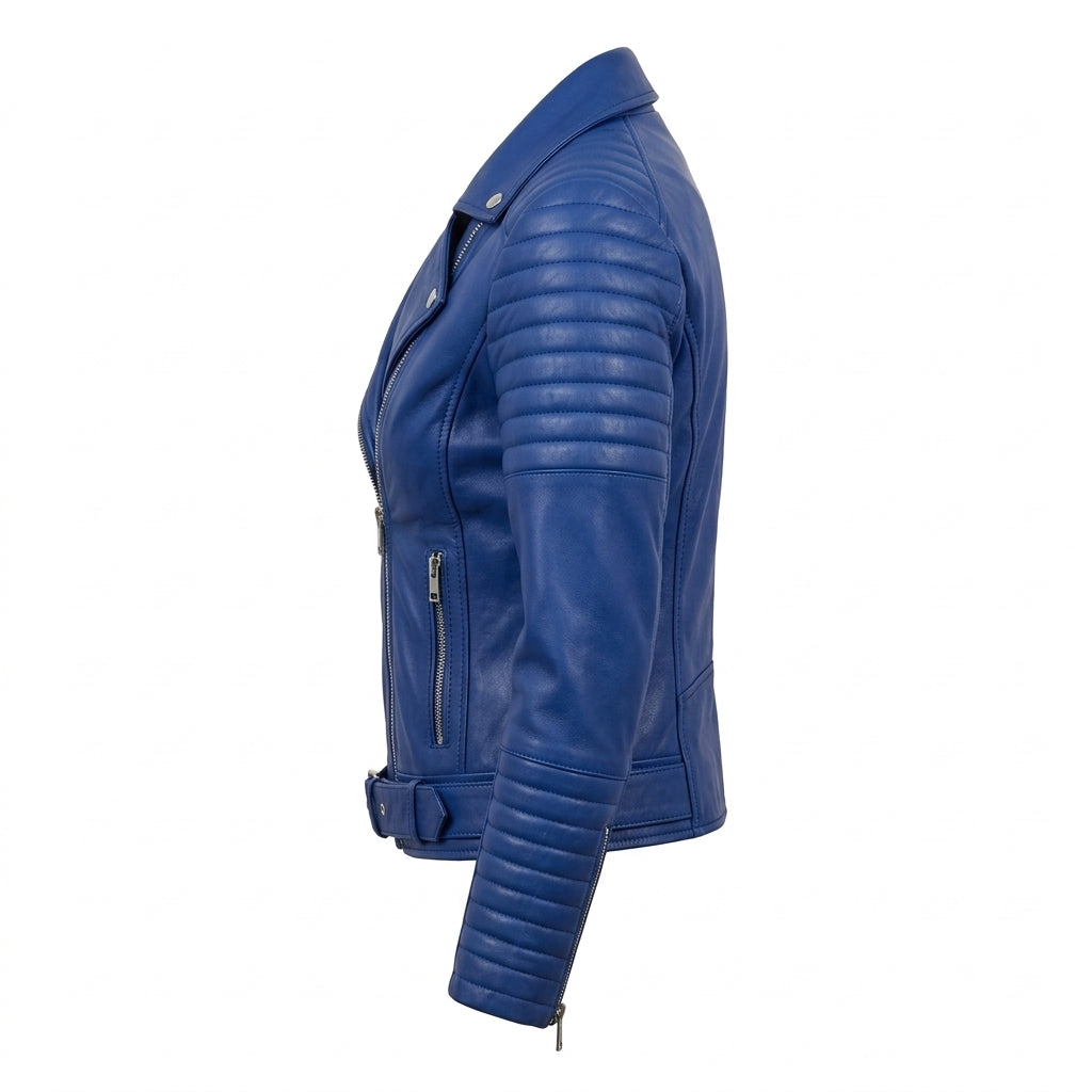 Women's Royal Blue Sheepskin Leather Biker Jacket – Quilted Shoulder Asymmetric Moto Jacket