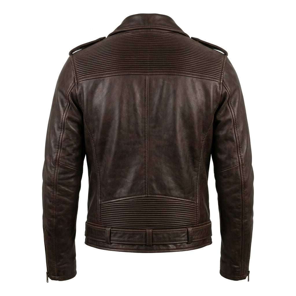 Men's Brown Leather Biker Jacket with Asymmetric Zipper