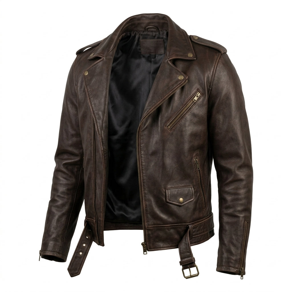 Men's Brown Leather Biker Jacket with Asymmetric Zipper