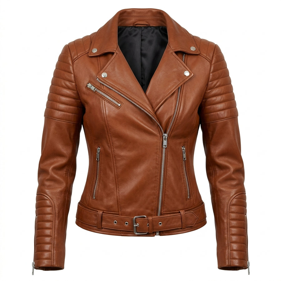 Women's Cognac Brown Sheepskin Leather Biker Jacket – Quilted Shoulder Asymmetric Moto Jacket