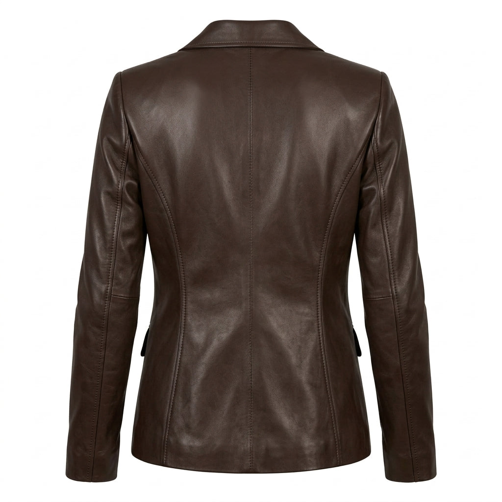 Women's Dark Brown Sheepskin Leather Blazer – Fitted Two-Button Jacket with Notch Lapels