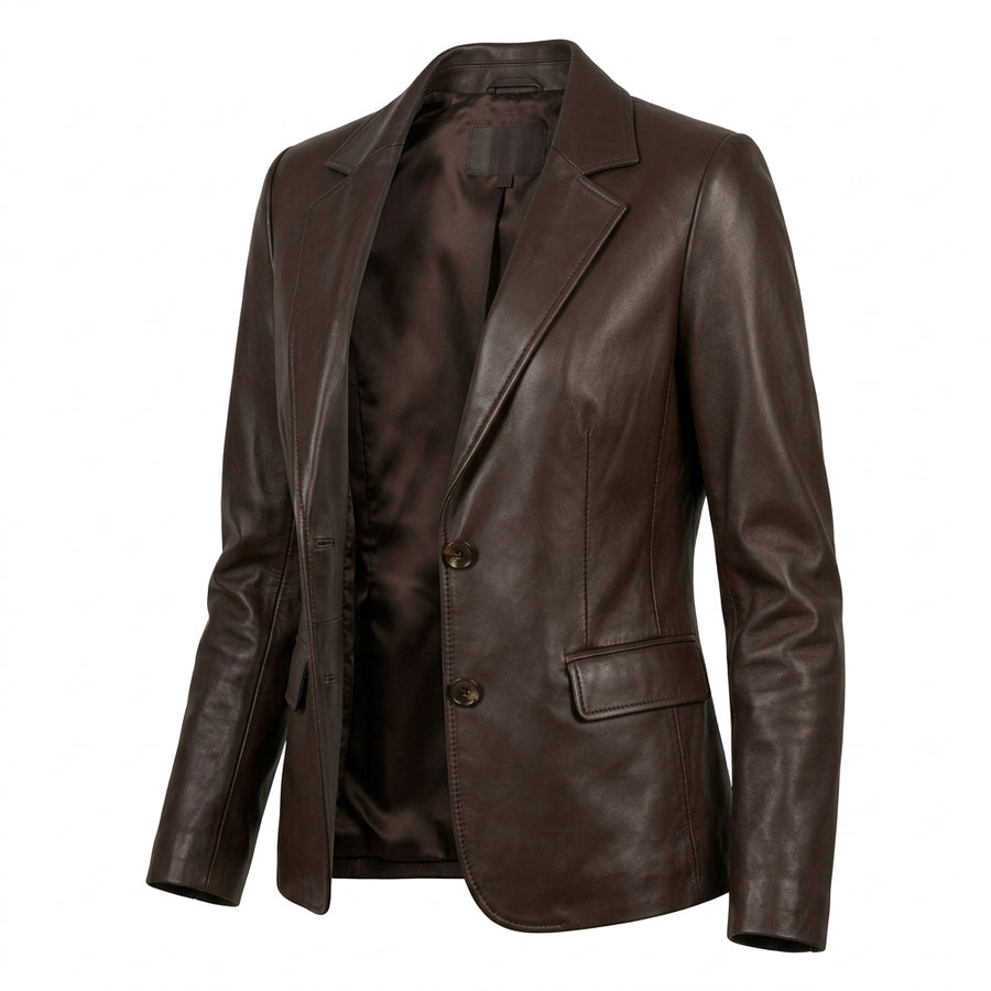 Women's Dark Brown Sheepskin Leather Blazer – Fitted Two-Button Jacket with Notch Lapels