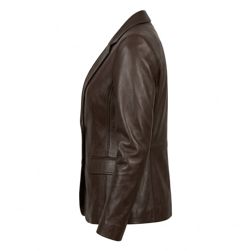 Women's Dark Brown Sheepskin Leather Blazer – Fitted Two-Button Jacket with Notch Lapels