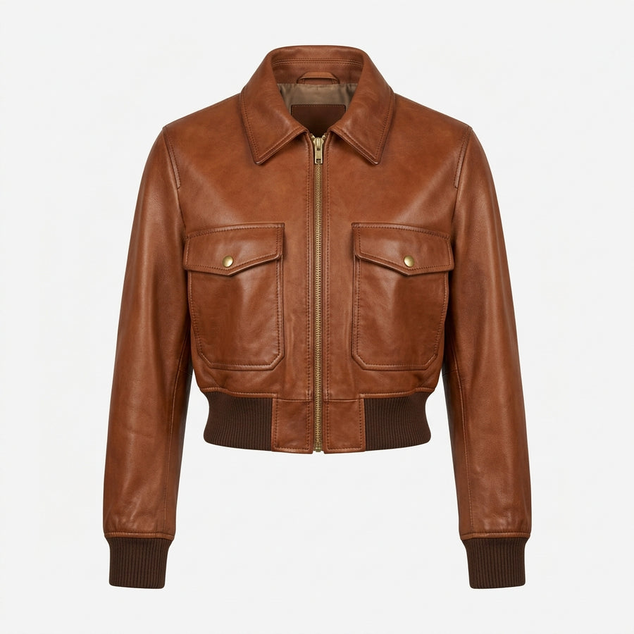 Women's Saddle Brown Cropped Leather Bomber Jacket