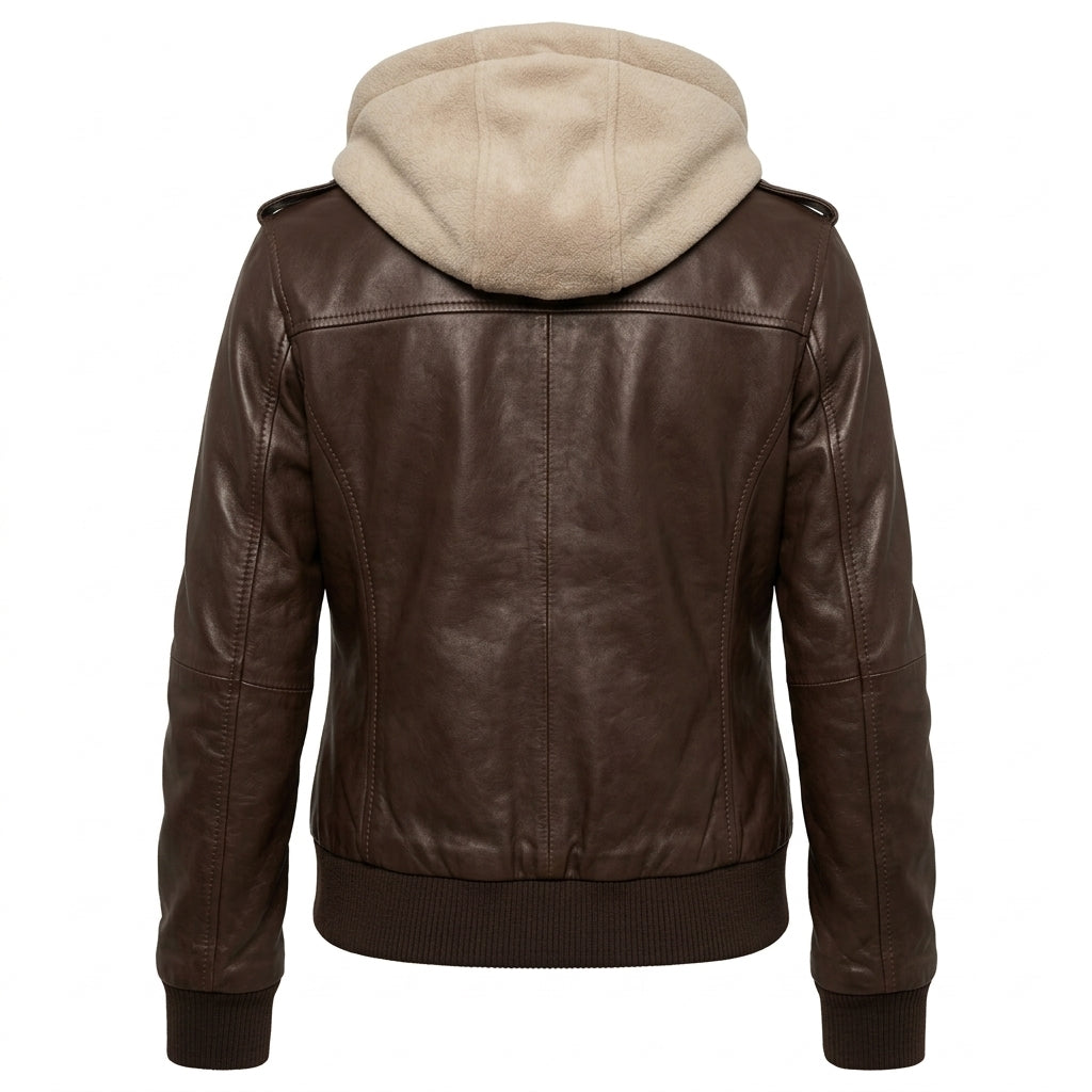 Women's Dark Brown Sheepskin Leather Bomber Jacket – Hooded Winter Coat with Removable Hood