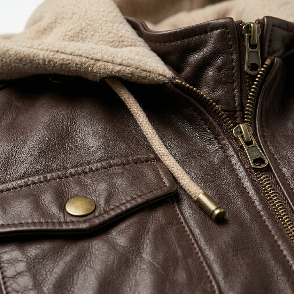 Women's Dark Brown Sheepskin Leather Bomber Jacket – Hooded Winter Coat with Removable Hood