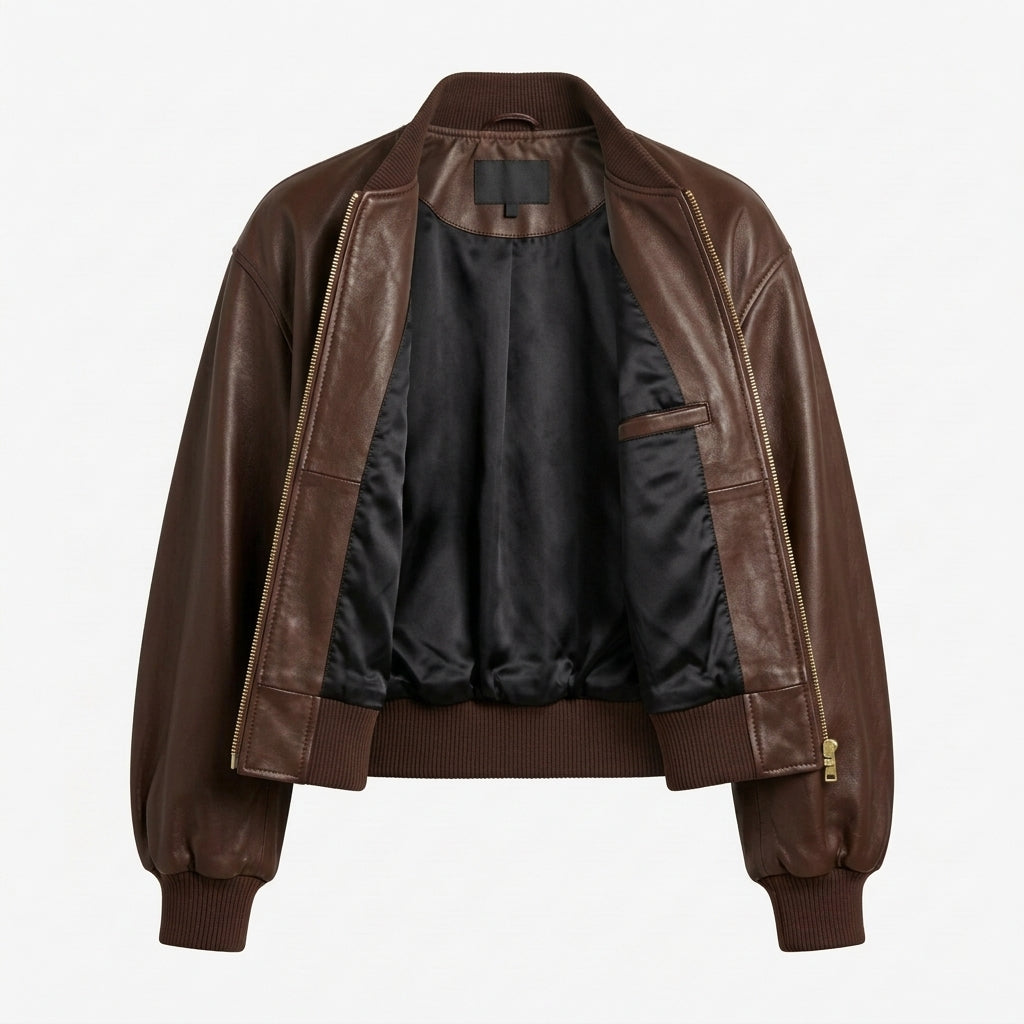 Women's Chocolate Brown Cropped Leather Bomber Jacket