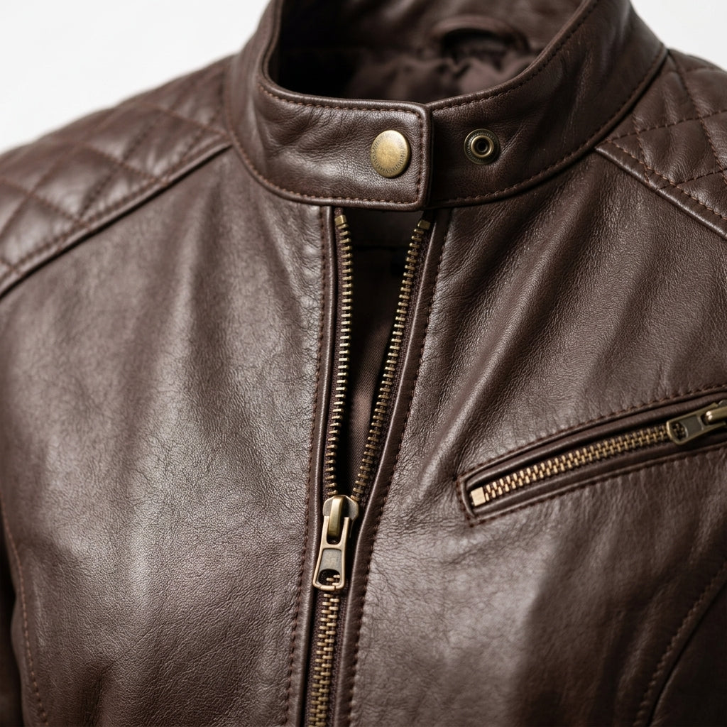 Women's Dark Brown Sheepskin Leather Cafe Racer Jacket – Quilted Shoulders & Brass Zippers