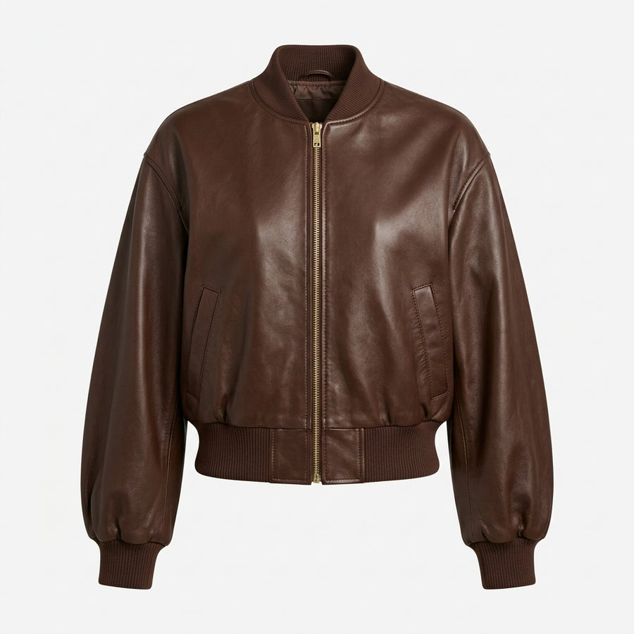 Women's Chocolate Brown Cropped Leather Bomber Jacket