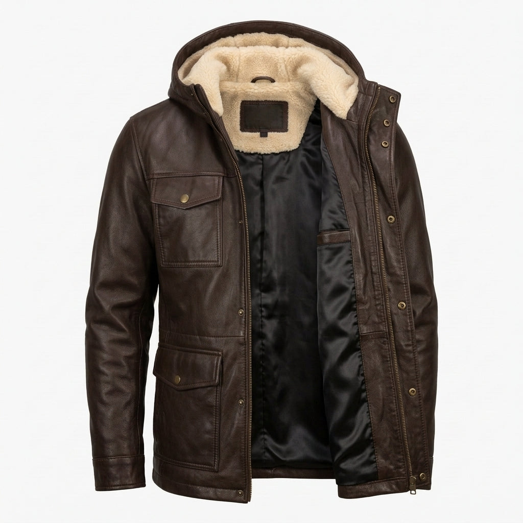 Men's Dark Brown Hooded Leather Utility Jacket with Faux Shearling Hood