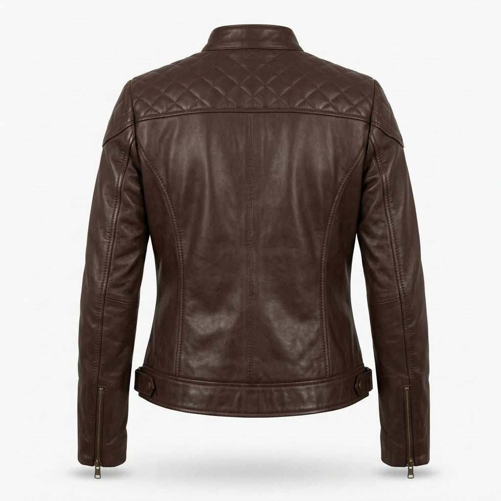 Women's Dark Brown Sheepskin Leather Cafe Racer Jacket – Quilted Shoulders & Brass Zippers