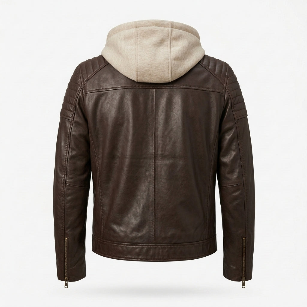 Men's Dark Brown Sheepskin Leather Biker Jacket – Removable Beige Hood & Quilted Shoulders