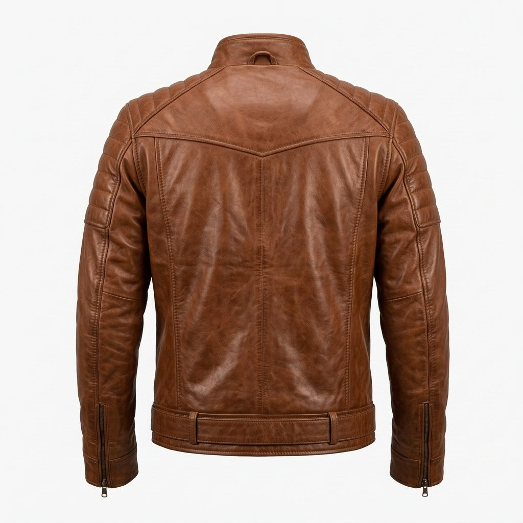 Men's Whiskey Brown Belted Leather Cafe Racer Jacket