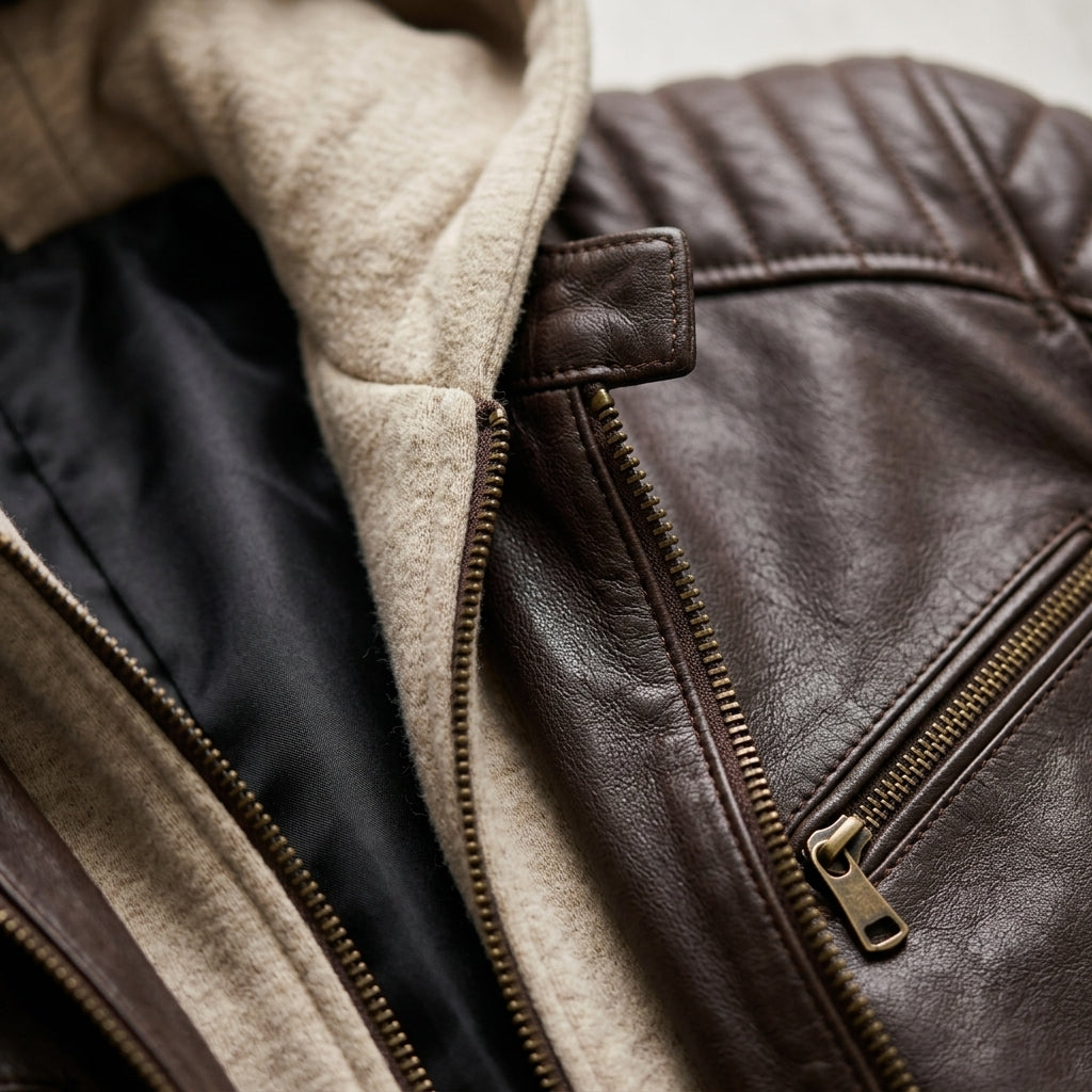 Men's Dark Brown Sheepskin Leather Biker Jacket – Removable Beige Hood & Quilted Shoulders