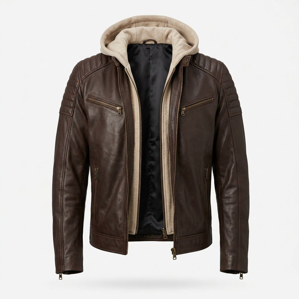 Men's Dark Brown Sheepskin Leather Biker Jacket – Removable Beige Hood & Quilted Shoulders