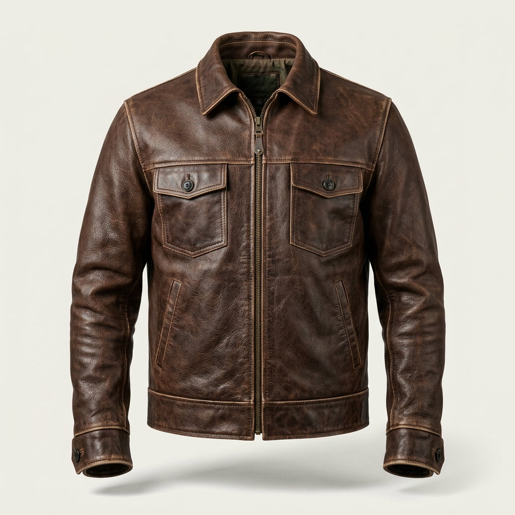 Men's Antique Brown Leather Half-Belt Jacket, 1930s Style