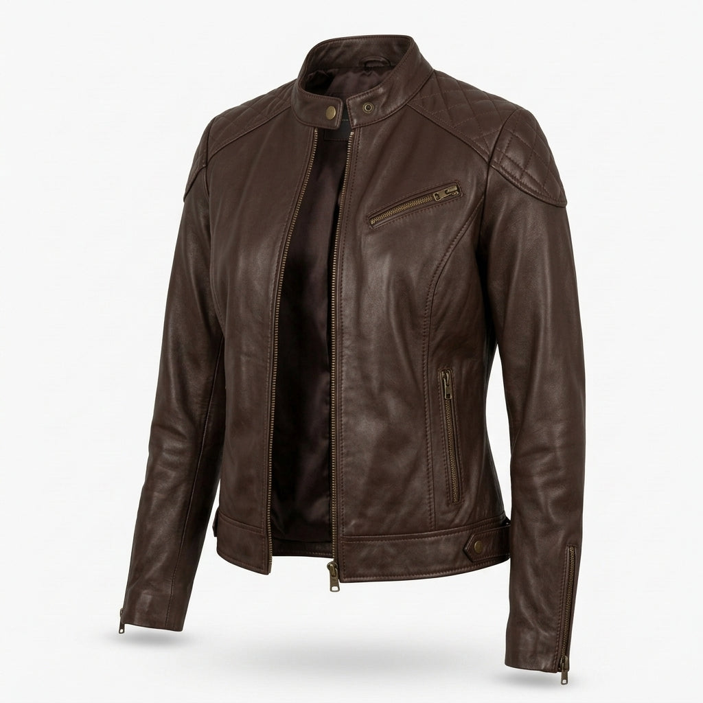 Women's Dark Brown Sheepskin Leather Cafe Racer Jacket – Quilted Shoulders & Brass Zippers