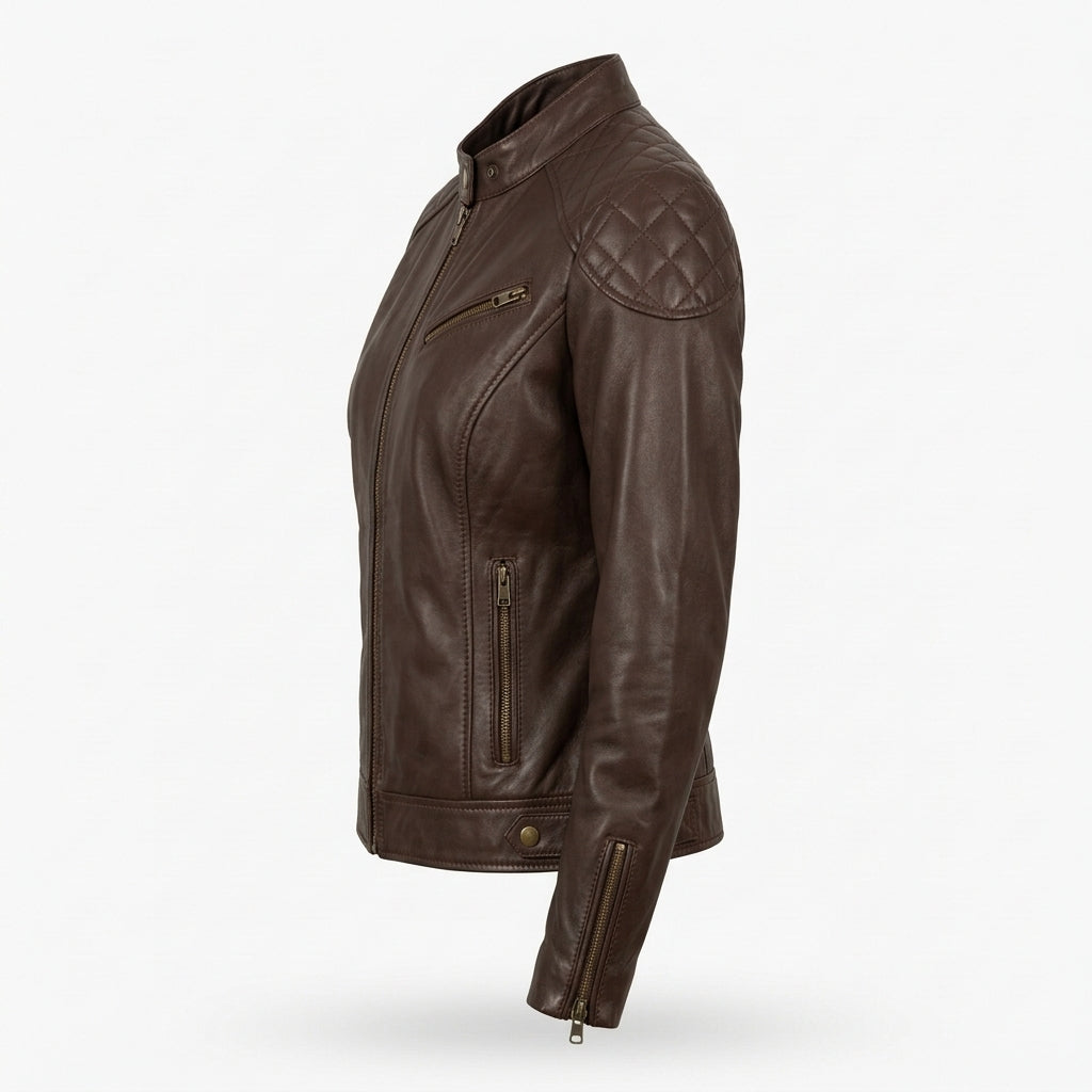 Women's Dark Brown Sheepskin Leather Cafe Racer Jacket – Quilted Shoulders & Brass Zippers