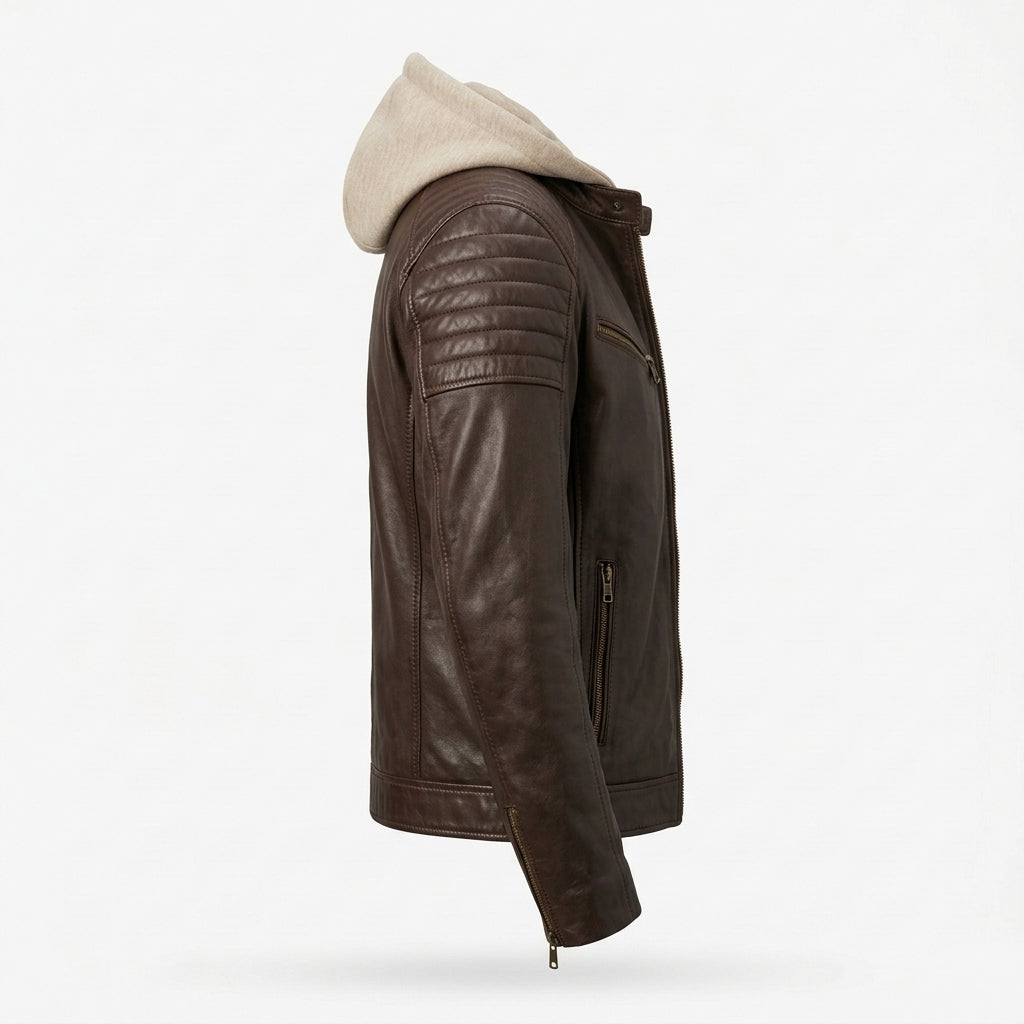 Men's Dark Brown Sheepskin Leather Biker Jacket – Removable Beige Hood & Quilted Shoulders
