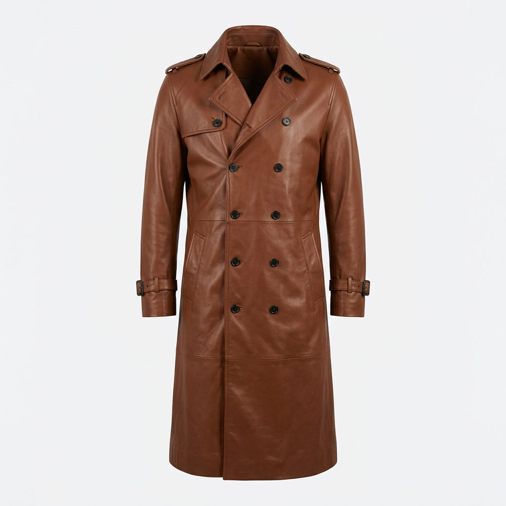 Men's Chestnut Brown Leather Trench Coat, Long Double-Breasted