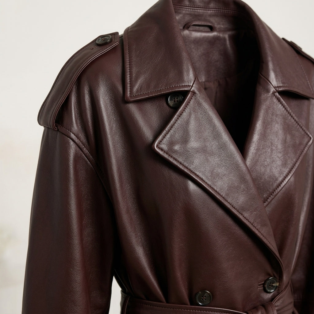 Women's Dark Cherry Brown Long Leather Trench Coat with Tie Belt